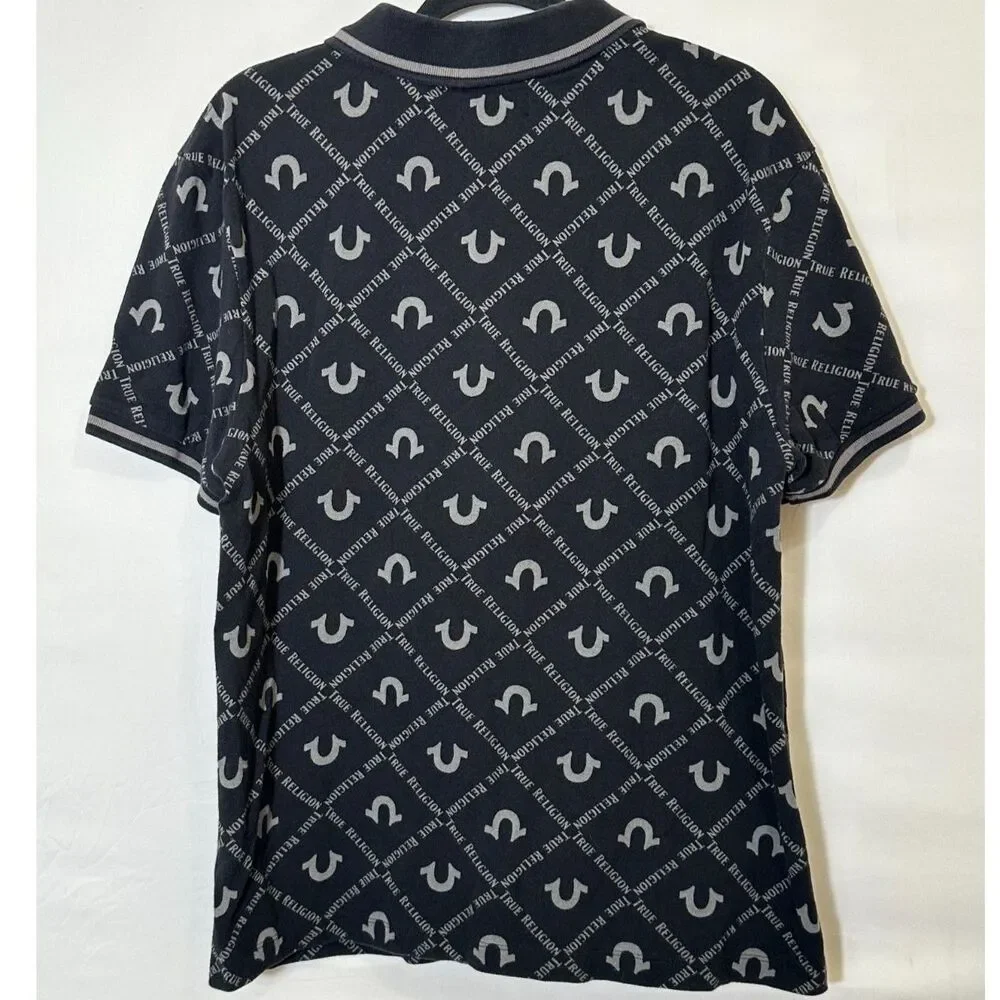True Religion Men's All Over Horseshoe Print 1/4 Zip Polo Shirt Size M Black